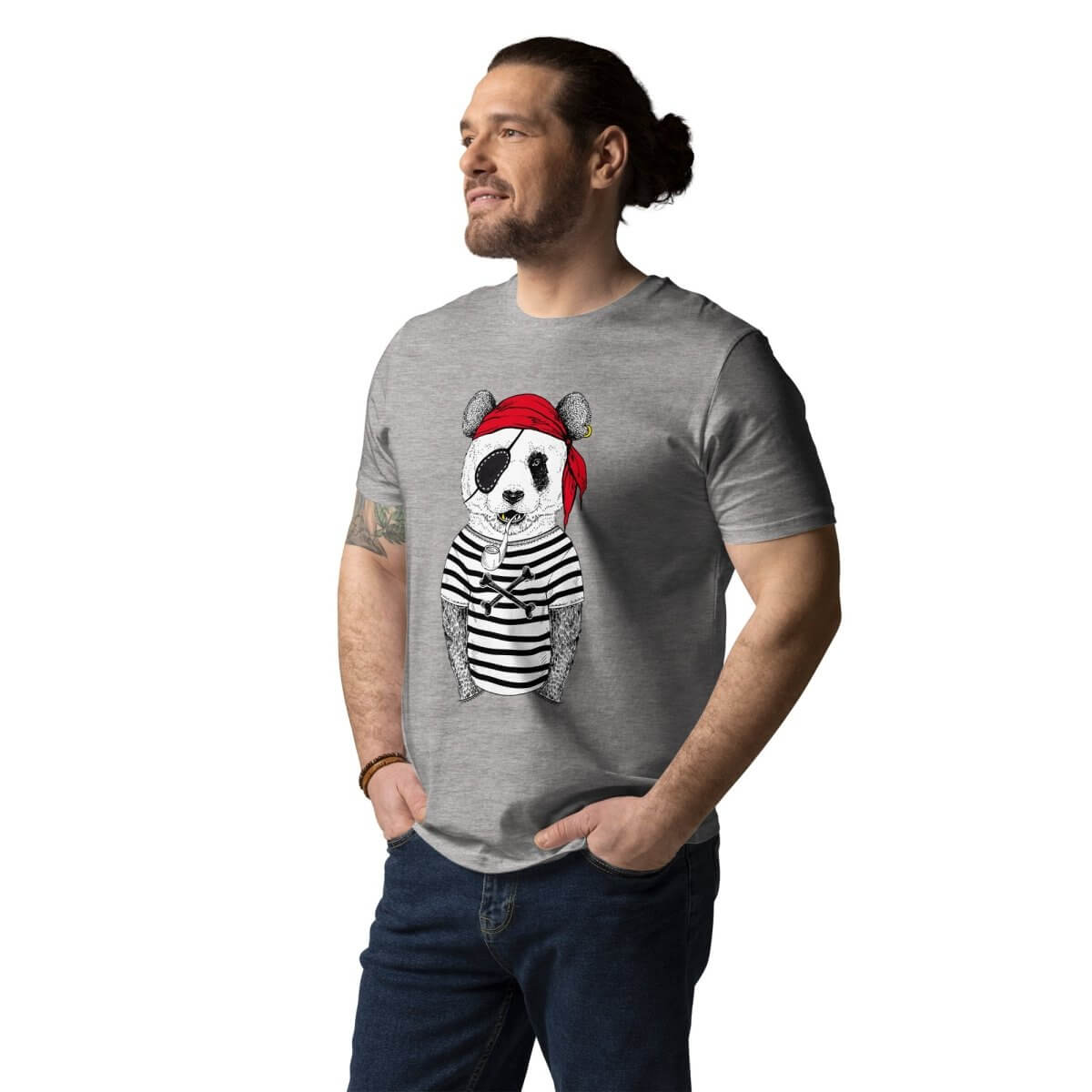 Customizable Panda Pirate Printed T-Shirt in Gray, featuring hand-drawn art design for personalized style.